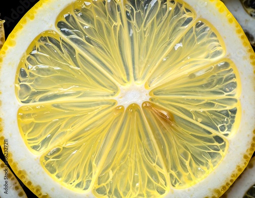 A vibrant yellow slice of citrus fruit on a dark surface