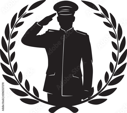 Bild auf Leinwand Military Officer Saluting Inside Laurel Wreath Emblem Silhouette Isolated On Whi
