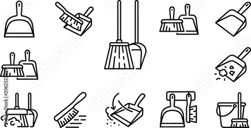 Quadro em tela Cleaning tools icons in a row with dustpan and broom set for household chore con