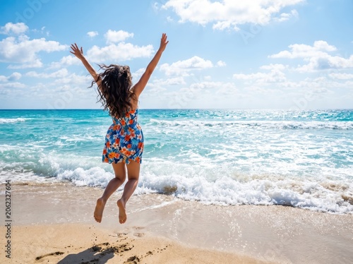 Rear View of Happy Woman Jumping on Sunny Beach with Ocean Waves With Copy Space
