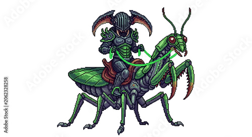 Bild auf Leinwand Warrior Riding Giant Green Praying Mantis Creature.