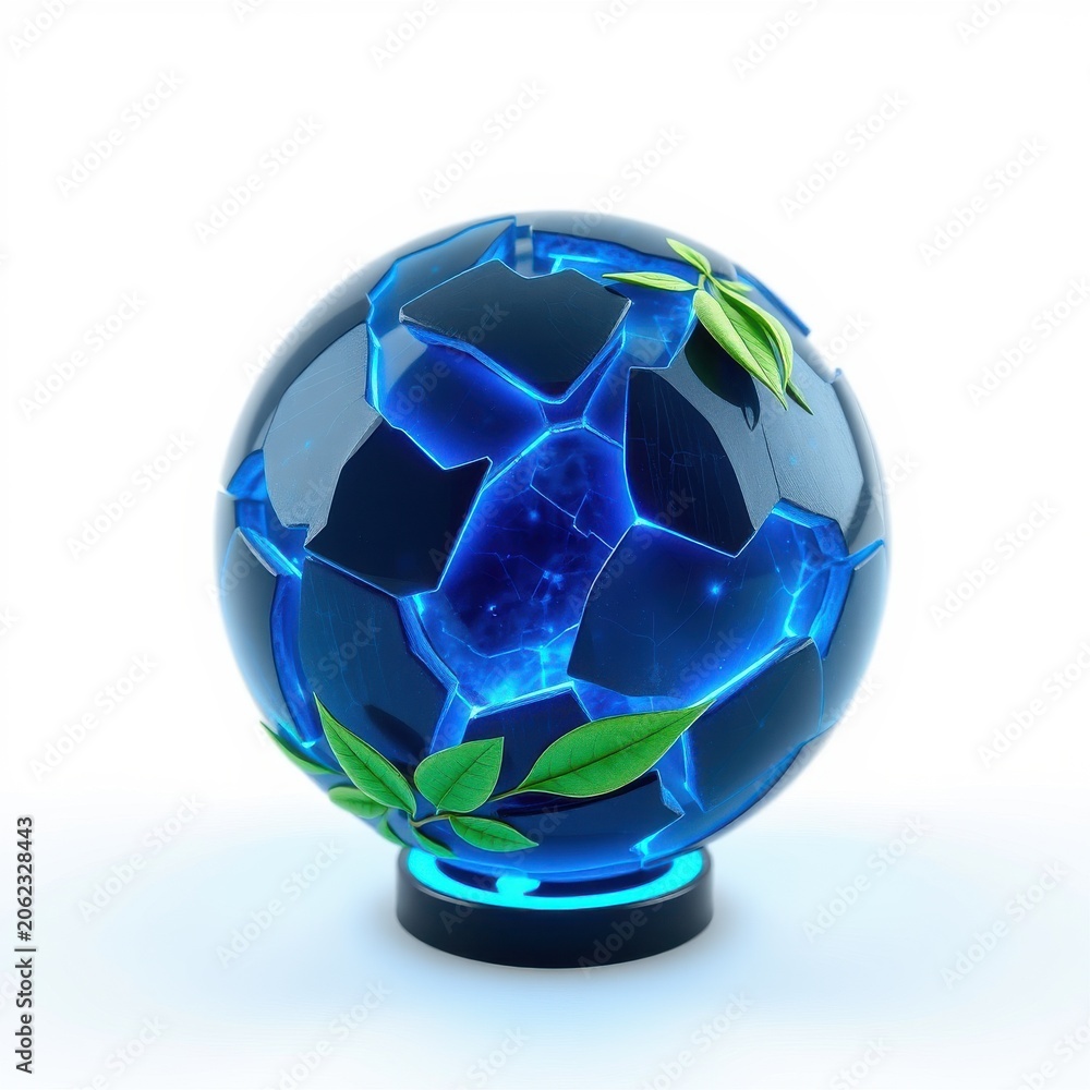 Naklejka premium Glowing sphere rests upon base. Fractured surface emits bright blue light, accented by green leaves. Digital art, futuristic design.