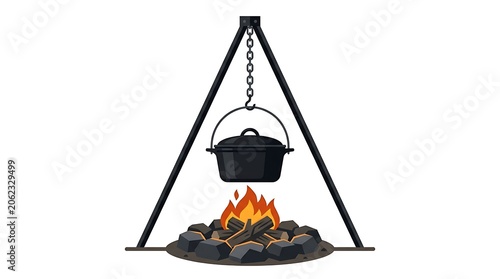 Traditional outdoor cooking setup featuring a cast-iron pot suspended over a crackling campfire, supported by a sturdy metal tripod, ideal for rustic wilderness meals