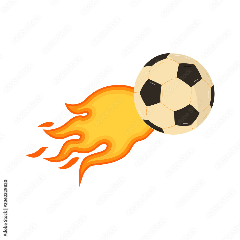 Fototapeta premium A classic black and white soccer ball moving fast with a bright yellow and orange flame trail behind it isolated on a transparent background
