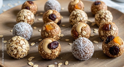 Healthy Energy Bites Oatmeal with Nuts  Dried Fruit on Wooden Plate, and CloseUp.