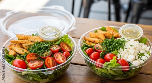 Healthy Takeaway Salad Bowls Grilled Chicken  Fresh Veggies on Wooden Table.