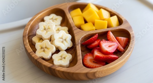 Healthy Toddler Snack Banana Stars with Mango Cubes, and Strawberry Slices on Wooden Plate.