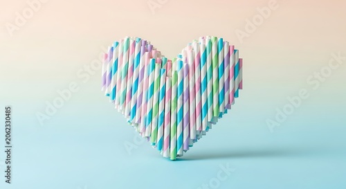 Heart shape crafted from colorful striped straws against a pastel gradient background.