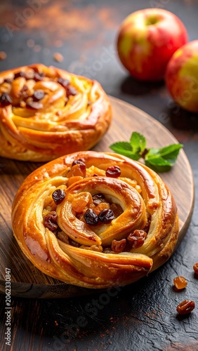A wooden plate holds two golden-brown pastries topped with nuts and fruit, accompanied by apples