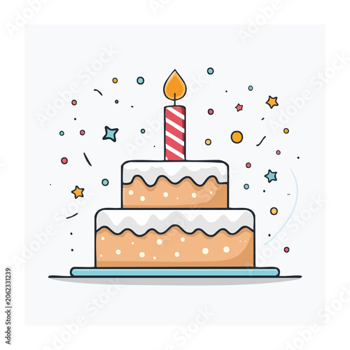 Flat design birthday cake with candle and confetti