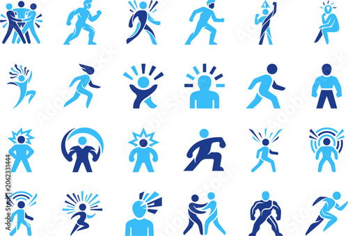 Human energy and power aura icons set for spiritual vitality or energetic character states.
