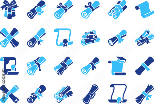 Blue graduation diploma and scroll icons for education certificates and academic learning.