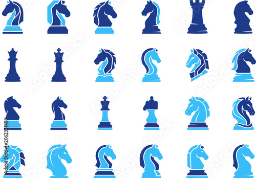 Set of blue and light blue chess piece icons featuring various knight and king designs.