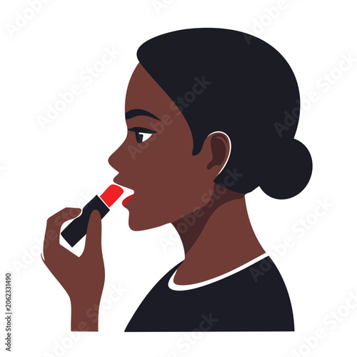 Woman applying red lipstick in flat design illustration