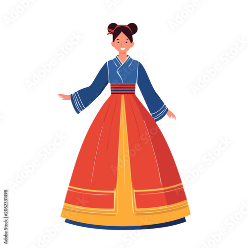 Woman in Traditional Red and Blue Dress Illustration