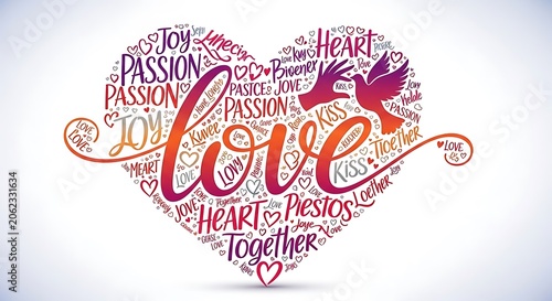 HeartShaped Love with Words  Doves Passion with Joy, Kiss, and Together Romantic Design.