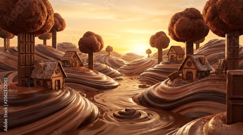 Surreal Miniature Chocolate Landscape Village At Sunset