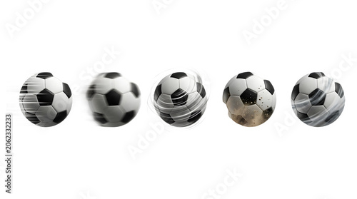 Set of soccer balls in motion with various effects isolated on transparent background