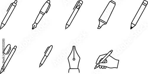 Photography Writing instruments collection with pen pencil and marker icons in simple outlin
