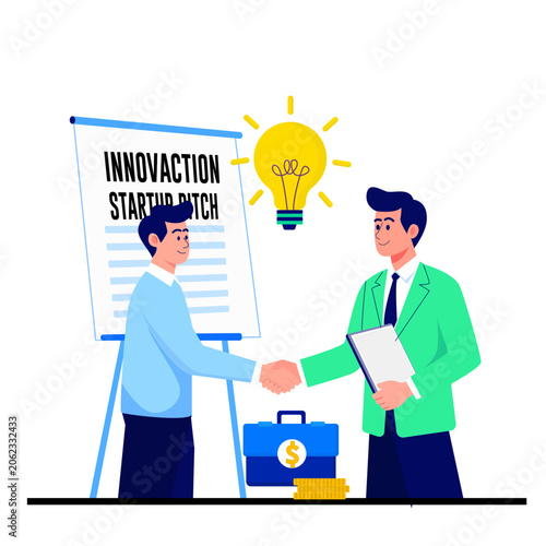Two Businessmen Shaking Hands After Successful Startup Pitch Presentation with Creative Lightbulb Idea Vector Illustration.