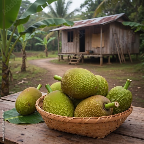 Fresh Harvest of Green Jackfruits in a Woven Basket on a Wooden Table with a Rural Tropical Hut in the Background