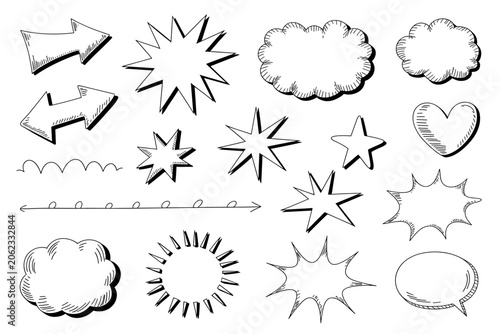 Vector illustration of various line art icons and symbols on white background