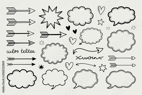 Vector illustration of various line art icons and symbols on white background