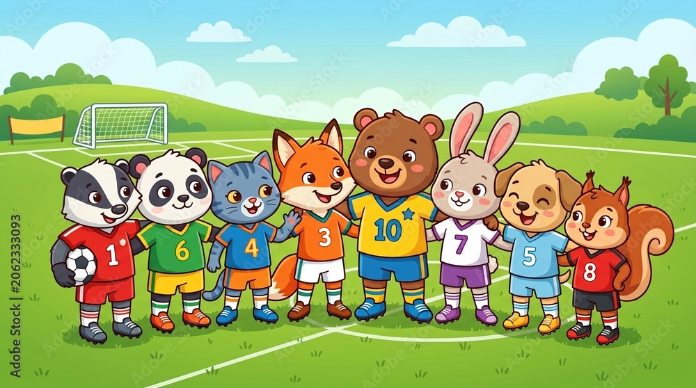 Naklejka premium Cute cartoon animal soccer team on the field