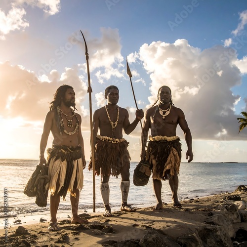 Three men in traditional attire stand on a beach
