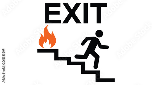 A stark black silhouette of a person running down stairs beside a bright orange flame indicates the urgent need for an exit during an emergency situation.