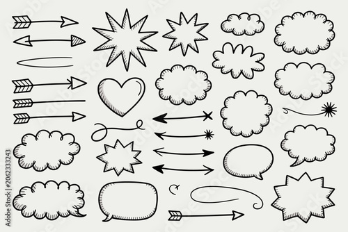 Vector illustration of various line art icons and symbols on white background