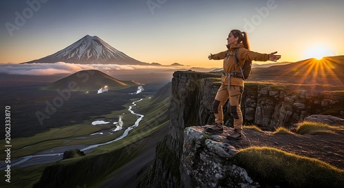 Hiker celebrates on cliffside during sunset with admiring stunning volcano vista.