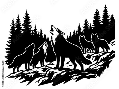 Foto Wolves pack howling at the moon vector illustration