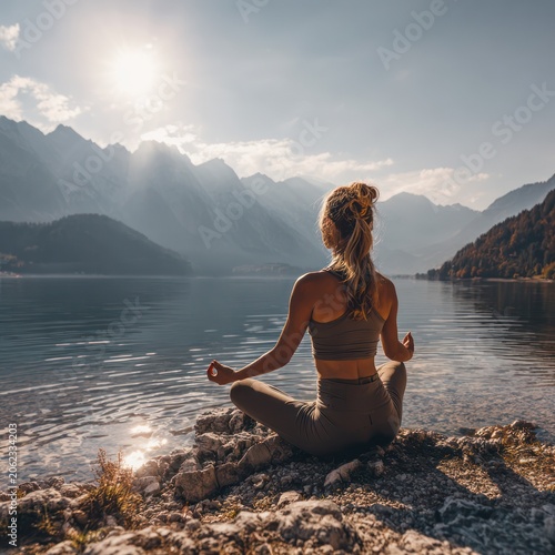 Serene Woman Meditating by Mountain Lake in Sunset Light