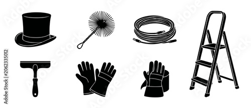 Chimney sweep tools icon set with top hat, wire brush, rope, stepladder, squeegee, and protective work gloves. Professional cleaning service equipment silhouette vectors isolated on white background.