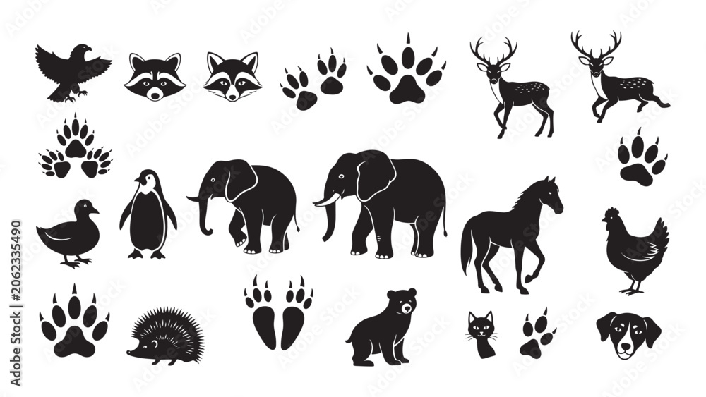 Fototapeta premium Animal Silhouettes Icon Set With Paw Prints, Wildlife Shapes and Pet Symbols