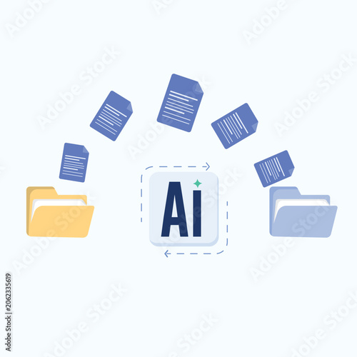 Artificial Intelligence Document Sorting System Vector, AI Automatically Processing and Transferring Data Files into Folders Concept.