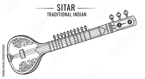 Foto Hand drawn sketch of a traditional Indian sitar musical instrument