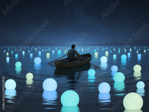 Man Rowing Boat on Water with Glowing Orbs at Night
