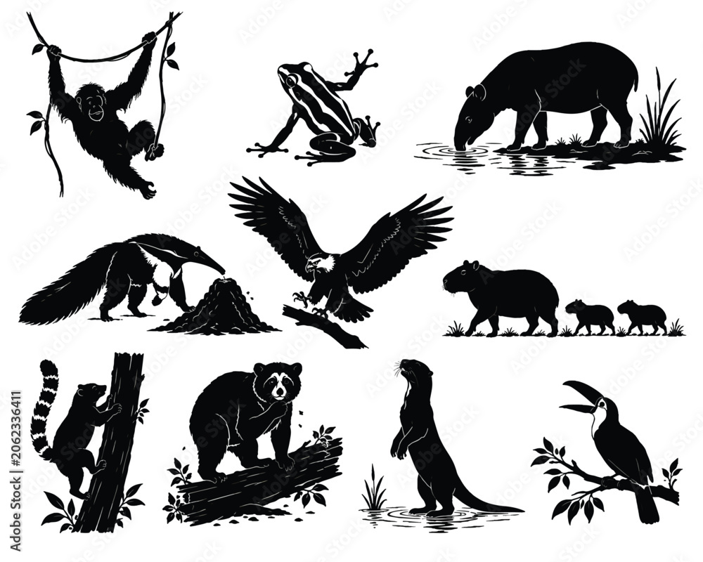 Fototapeta premium Tropical Wildlife Silhouettes Set Jungle Animals Icons