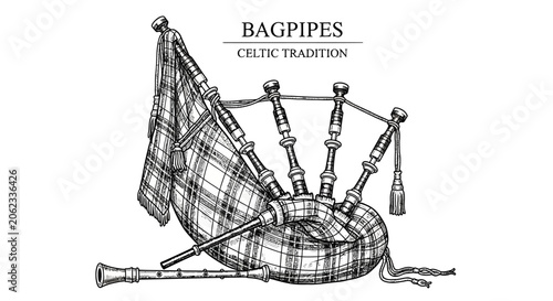 Картината върху платно Vintage Engraving Style Illustration of Traditional Scottish Bagpipes Musical Instrument