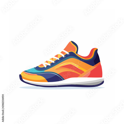 Red blue yellow athletic sneaker on white background