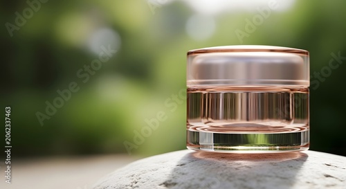 Elegant cosmetic jar with golden lid on a natural stone, showcasing beauty product packaging in a serene outdoor setting with blurred green background.