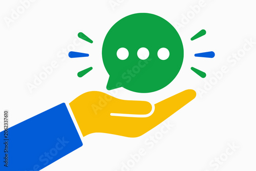 Open hand offering green speech bubble multicolor flat vector communication support concept