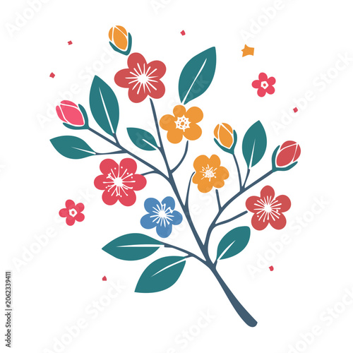 Colorful flat design flower branch illustration