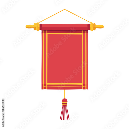 Red decorative banner with gold trim and tassel