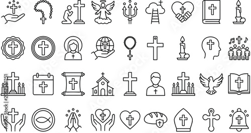 Obraz na płótnie Christian Religion and Church Outline Icon Set with Holy Bible Crosses Praying H