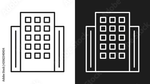 Minimalist black‑and‑white architectural icons of rectangular buildings with symmetrical wings, showcasing contrast through inverted color scheme and geometric window design.