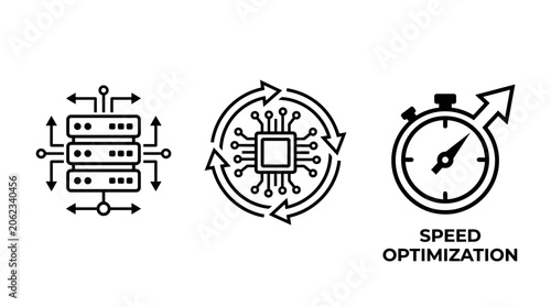 Black‑and‑white icons of server stack, AI microchip, and stopwatch, symbolizing data distribution, continuous system integration, and speed optimization efficiency.