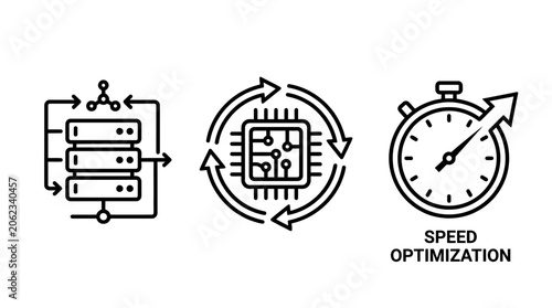 Minimalist black‑and‑white icons of server stack, AI microchip, and stopwatch, symbolizing data management, continuous optimization, and speed performance efficiency.